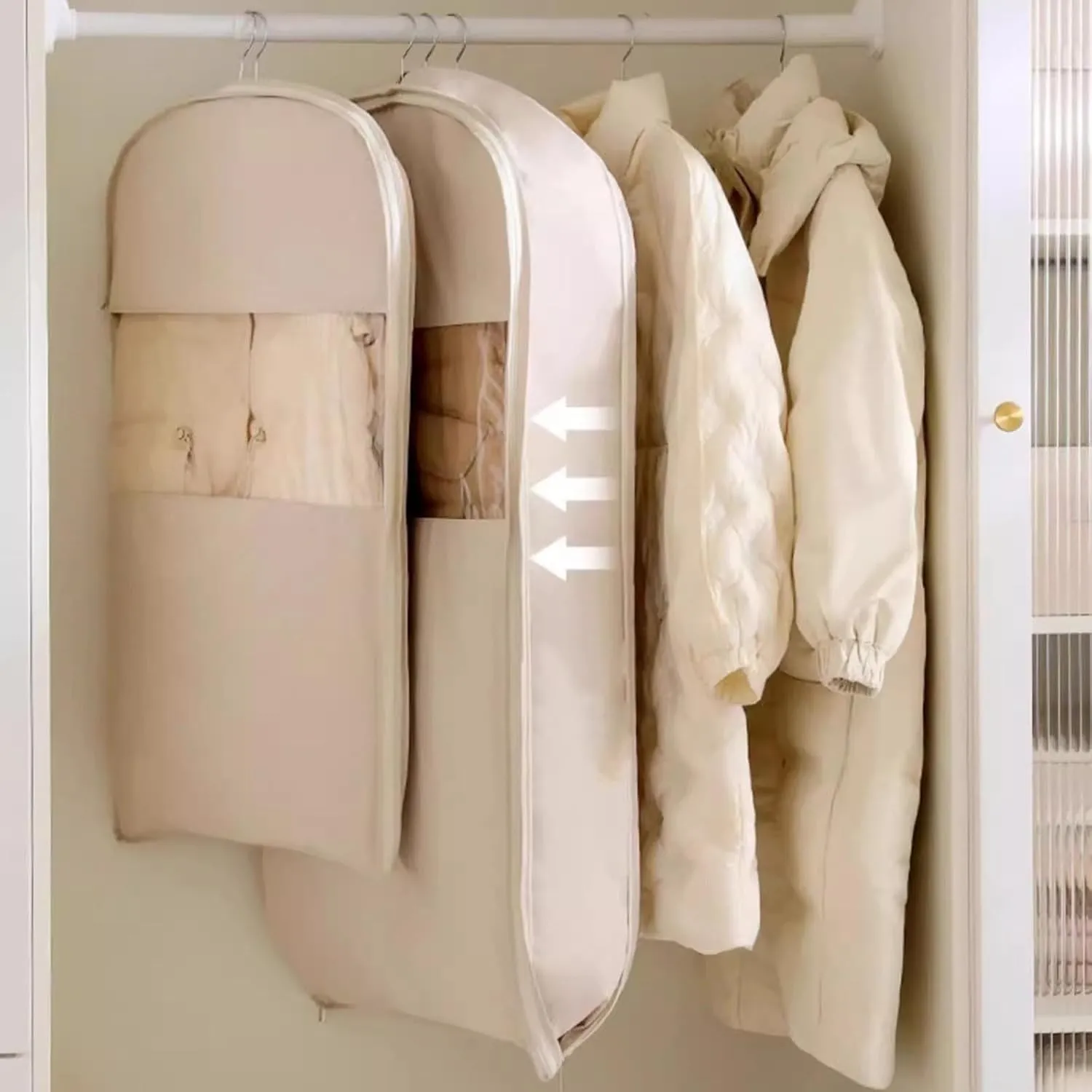 Space Saving Hanging Garment Bag, Self-Compression Space Saver Closet Organizers with 2-Way Zipper, Dustproof Clothes Cover for Down Coats Jackets, Dust Cover Bags Travel Organizer for Suit (Beige, M)