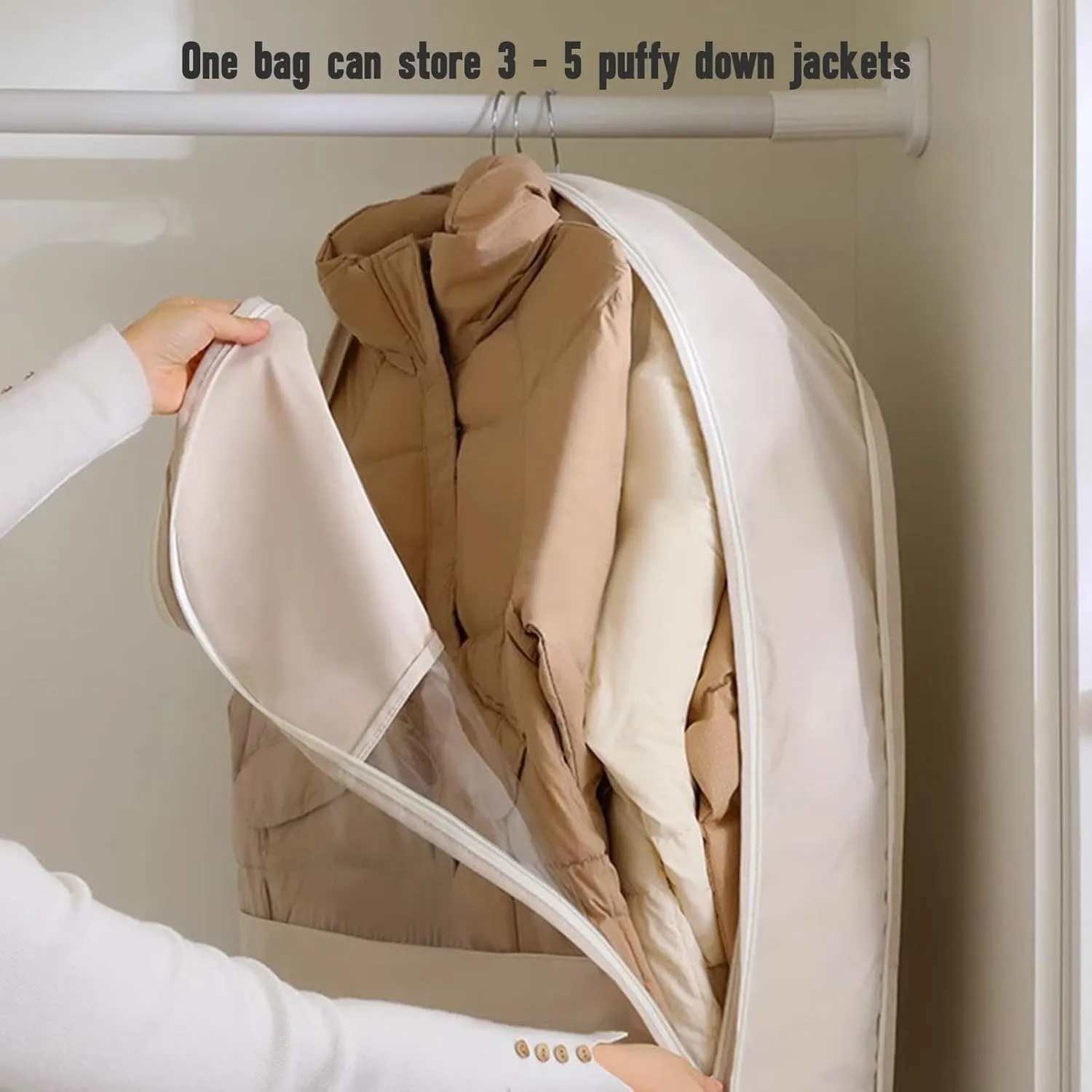 Space Saving Hanging Garment Bag, Self-Compression Space Saver Closet Organizers with 2-Way Zipper, Dustproof Clothes Cover for Down Coats Jackets, Dust Cover Bags Travel Organizer for Suit (Beige, M)