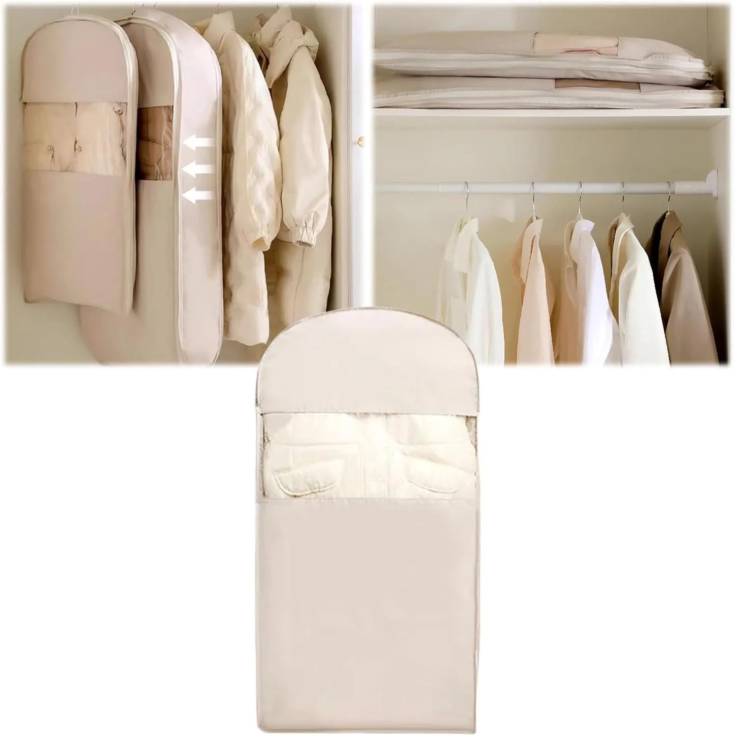 Space Saving Hanging Garment Bag, Self-Compression Space Saver Closet Organizers with 2-Way Zipper, Dustproof Clothes Cover for Down Coats Jackets, Dust Cover Bags Travel Organizer for Suit (Beige, M)