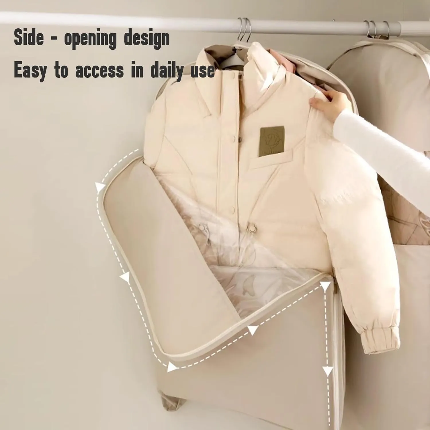 Space Saving Hanging Garment Bag, Self-Compression Space Saver Closet Organizers with 2-Way Zipper, Dustproof Clothes Cover for Down Coats Jackets, Dust Cover Bags Travel Organizer for Suit (Beige, M)