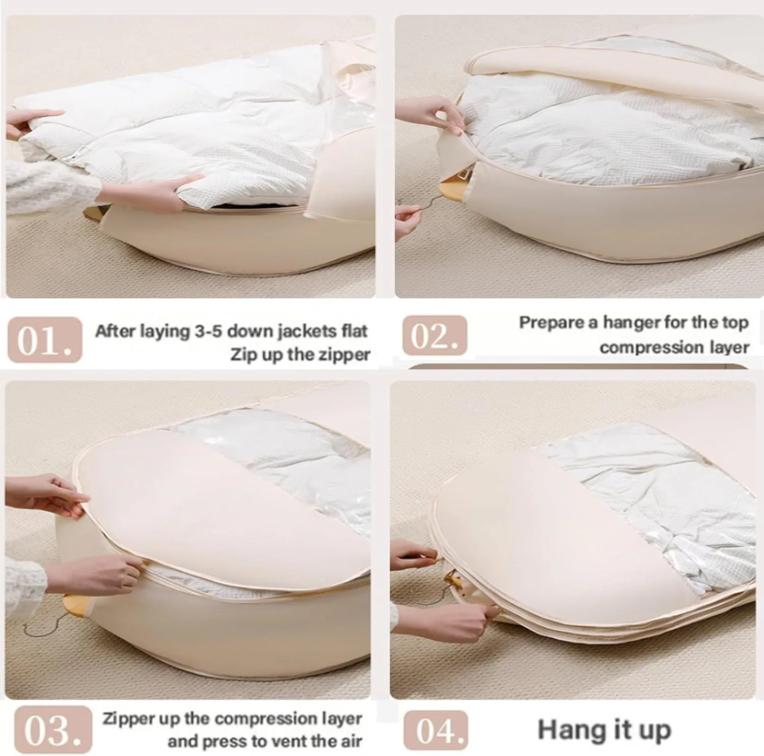 Space Saving Hanging Garment Bag with Self Compression Zipper, 2025 New Space Saver Closet Organizers, Space Saving Hanging Protector, Heavy Duty Garment Bag for Down Coat (Beige, M L XL)