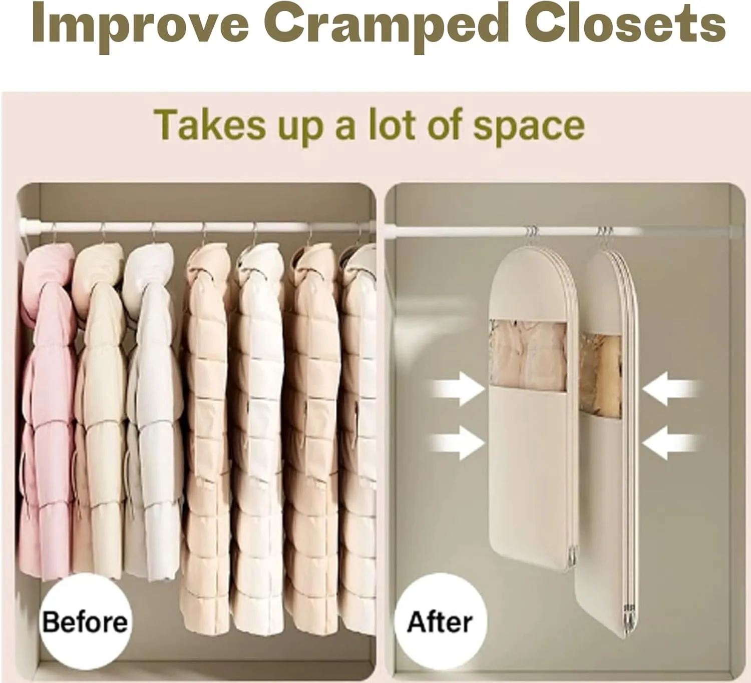 Space Saving Hanging Garment Bag with Self Compression Zipper, 2025 New Space Saver Closet Organizers, Space Saving Hanging Protector, Heavy Duty Garment Bag for Down Coat (Beige, M L XL)