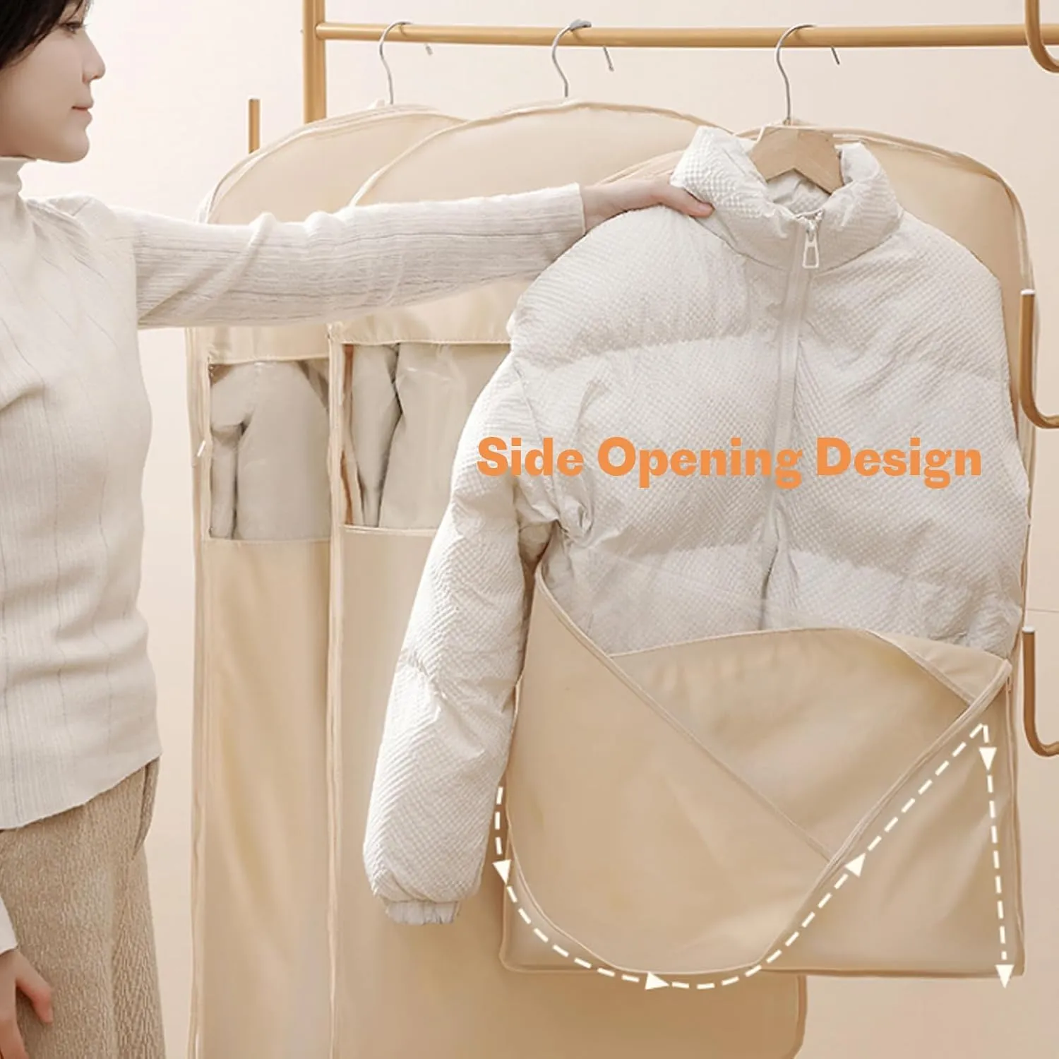Space Saving Hanging Garment Bag with Self Compression Zipper, 2025 New Space Saver Closet Organizers, Space Saving Hanging Protector, Heavy Duty Garment Bag for Down Coat (Beige, M L XL)