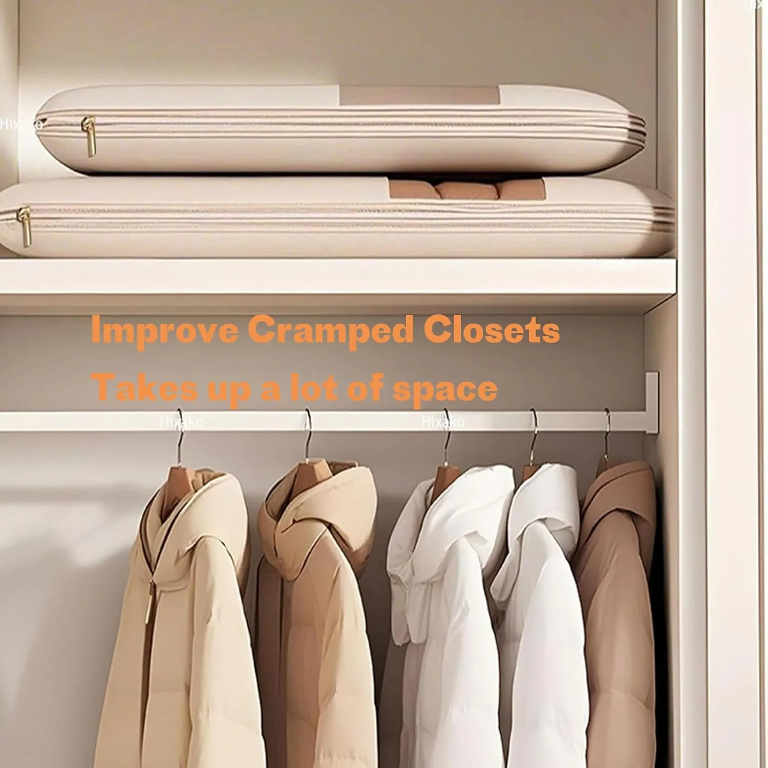 Space Saving Hanging Garment Bag with Self Compression Zipper, 2025 New Space Saver Closet Organizers, Space Saving Hanging Protector, Heavy Duty Garment Bag for Down Coat (Beige, M L XL)