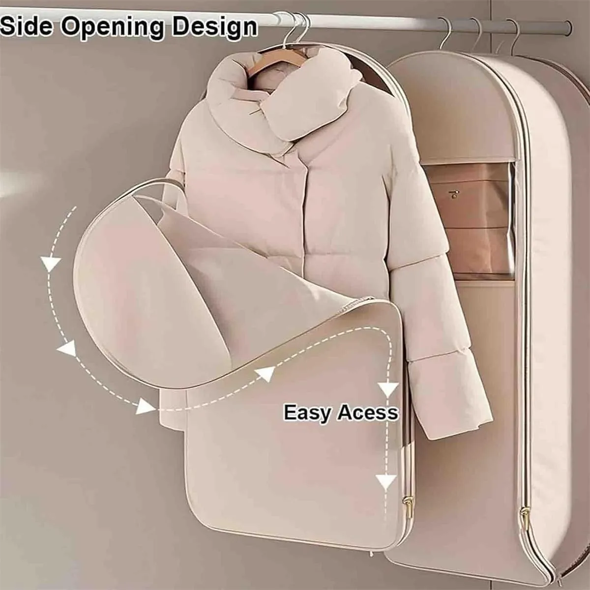 Space Saving Hanging Garment Bag with Self Compression Zipper, Dust Cover Clothes Bags, Heavy Duty Garment Bag for Down Coat (Beige,X-Large)