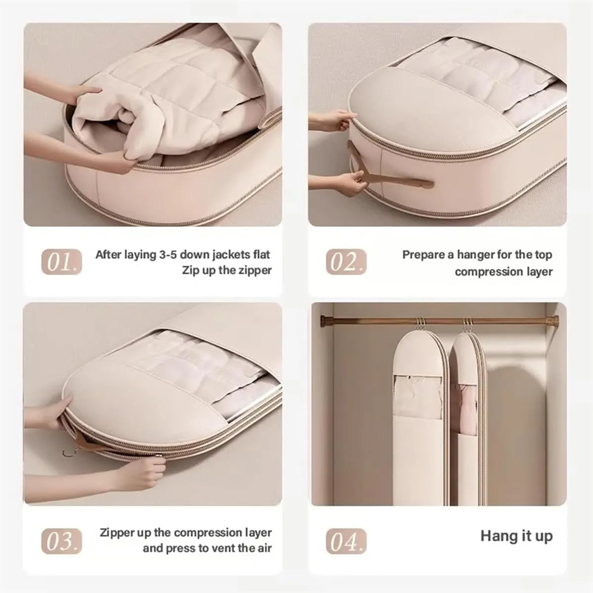 Space Saving Hanging Garment Bag with Self Compression Zipper, Dust Cover Clothes Bags, Heavy Duty Garment Bag for Down Coat (Beige,X-Large)