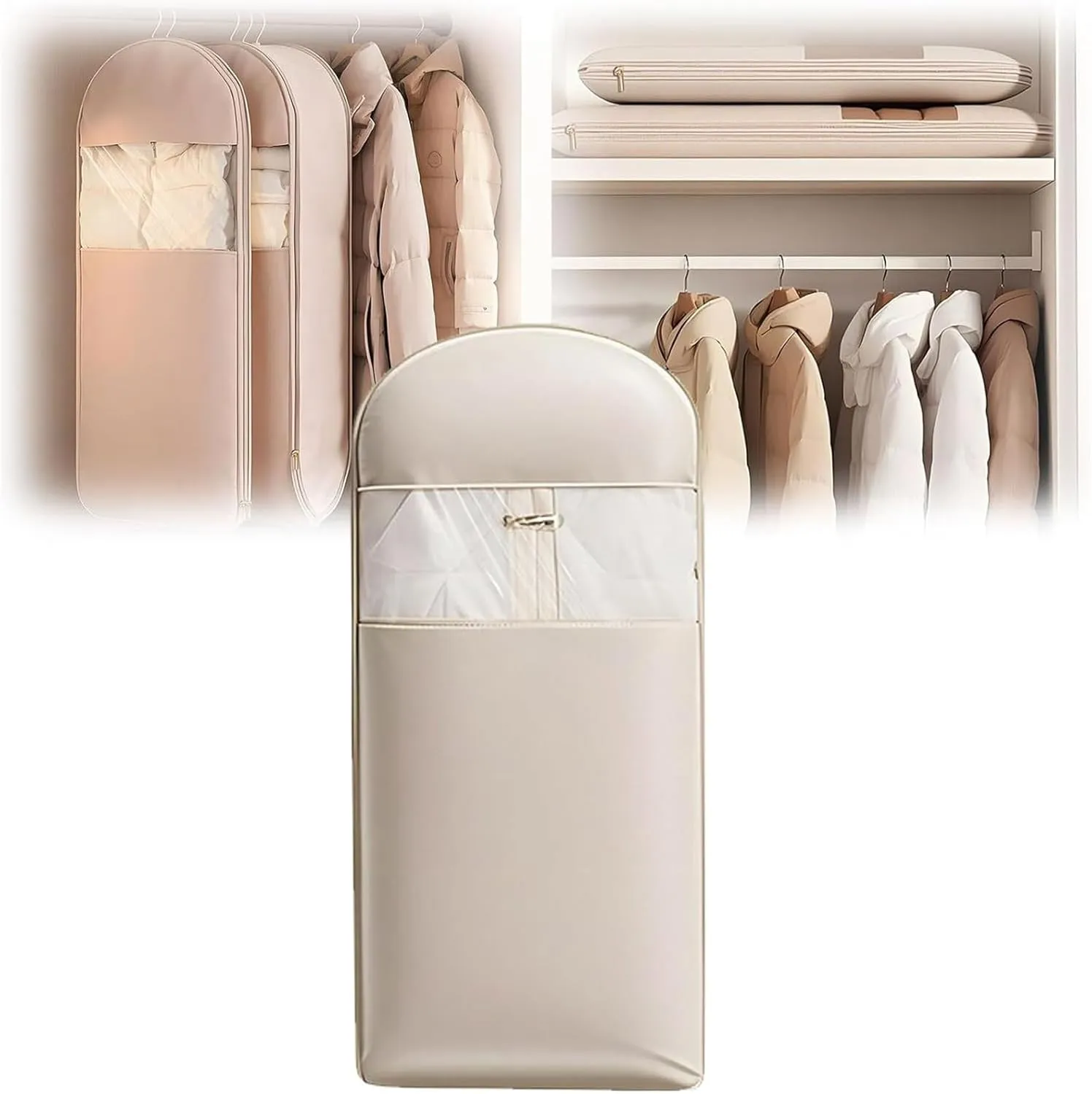 Space Saving Hanging Garment Bag with Self Compression Zipper, Dust Cover Clothes Bags, Heavy Duty Garment Bag for Down Coat (Beige,X-Large)