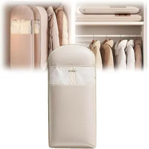 Space Saving Hanging Garment Bag with Self Compression Zipper, Dust Cover Clothes Bags, Heavy Duty Garment Bag for Down Coat (Beige,X-Large)