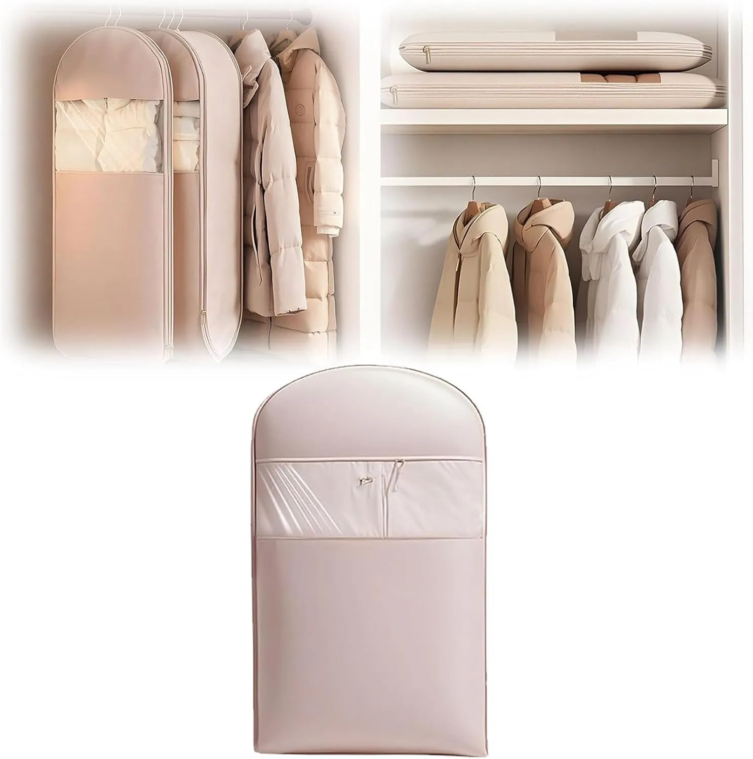 Space Saving Hanging Garment Bag with Self Compression Zipper, Dust Cover Clothes Bags, Heavy Duty Garment Bag for Down Coat (Pink,Medium)