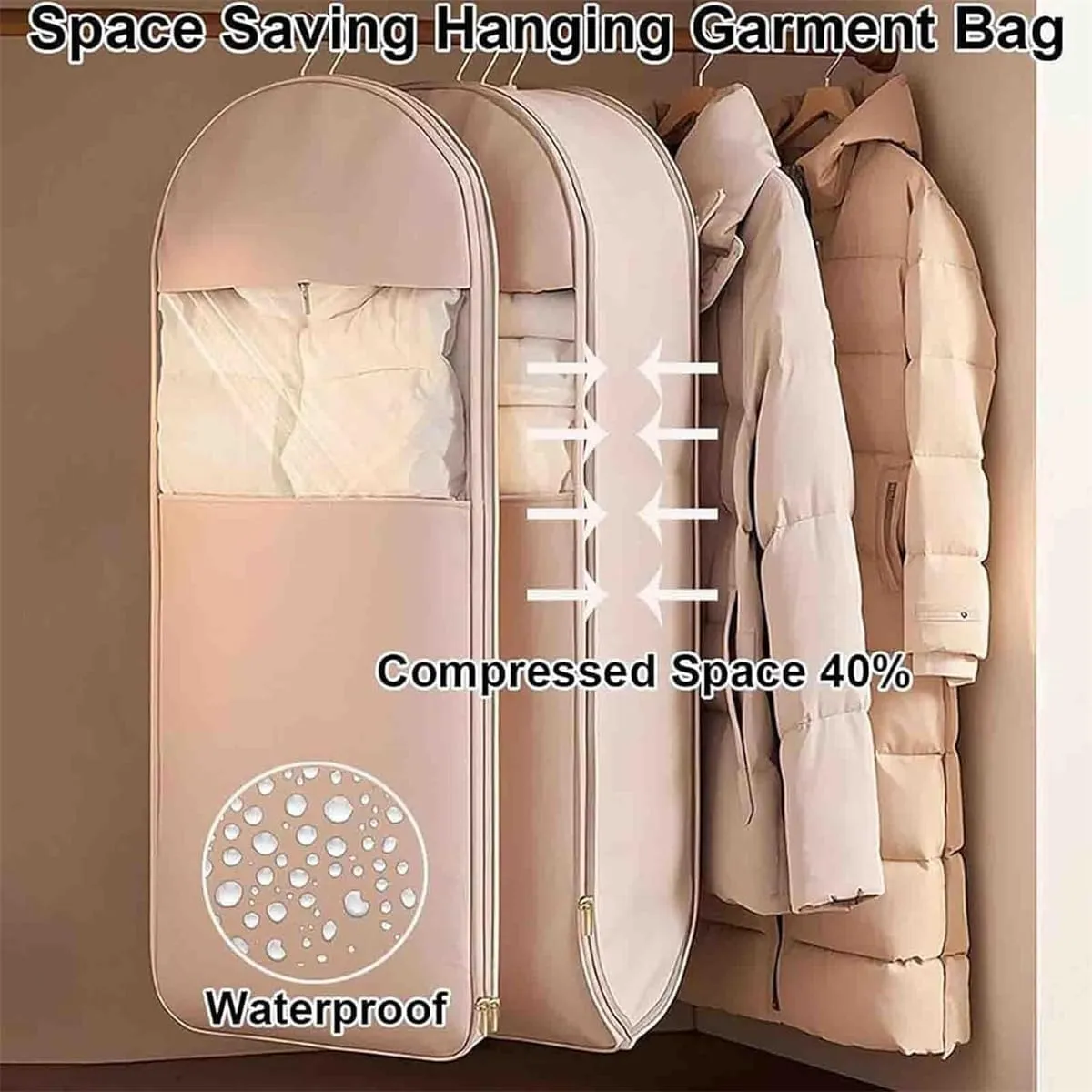 Space Saving Hanging Garment Bag with Self Compression Zipper, Dust Cover Clothes Bags, Heavy Duty Garment Bag for Down Coat (Pink,Medium)