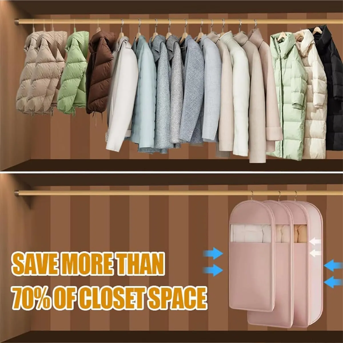 Space Saving Hanging Garment Bag with Self Compression Zipper, Dust Cover Clothes Bags, Heavy Duty Garment Bag for Down Coat (Pink,Medium)