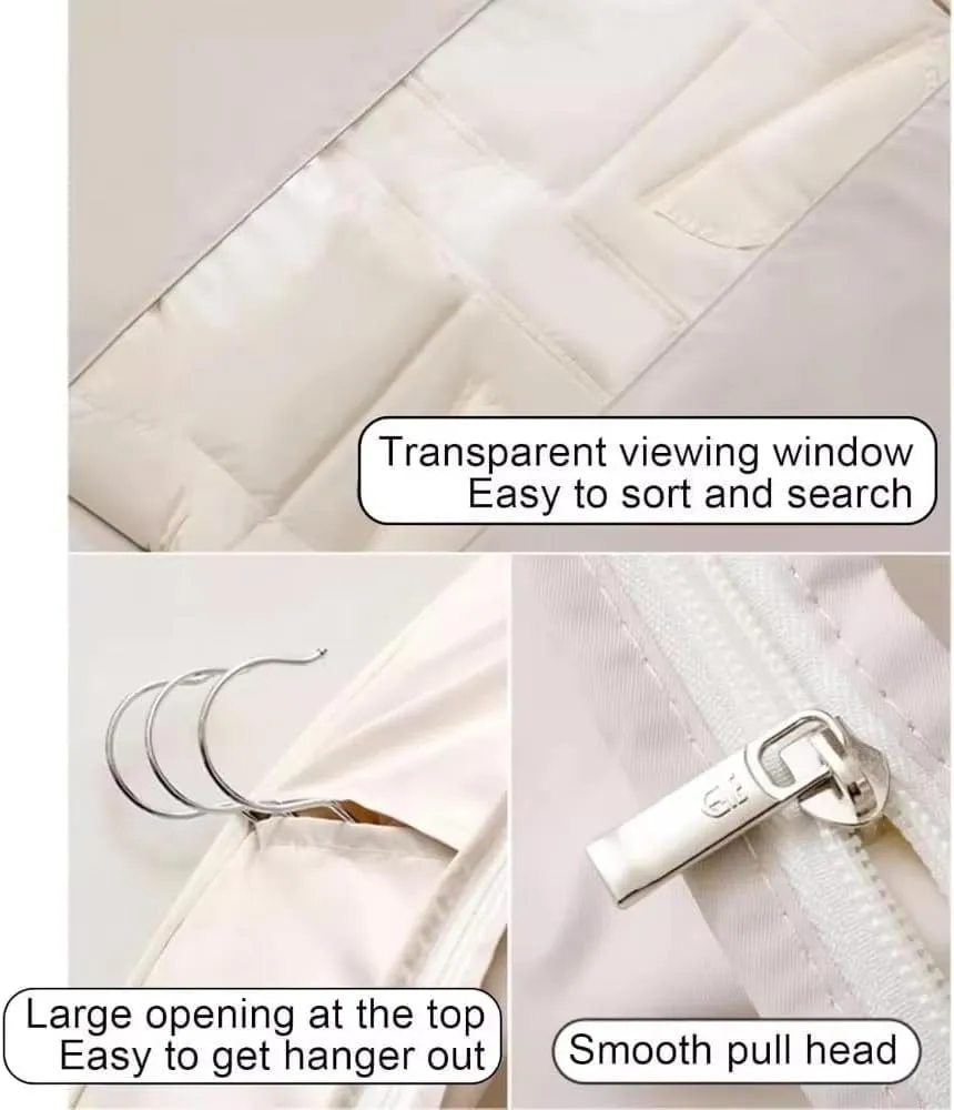 Space Saving Hanging Garment Bag with Self Compression Zipper, Garment Bags for Hanging Clothes Travel for Closet Storage, Dust Cover Clothes Bags Travel Organizer for down Coat Suit (Beige, M)