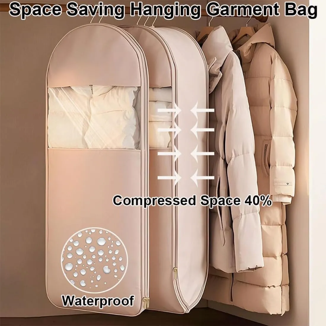 Space Saving Hanging Garment Bag with Self Compression Zipper, Intelligenck 2025 Upgrade Space Saving Hanging Bag, 35/43/51In Dust Cover for Down Coat with Transparent Window (Gray,XL-51in)