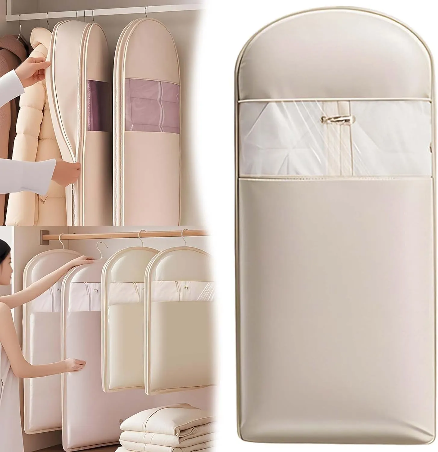 Space Saving Hanging Garment Bag with Self Compression Zipper, Protects Your Clothes from Wrinkles, Dust, Pet Hair, And Moisture, Can Compress Space (Beige, XL: 51.18 * 22.83 * 5.9in)