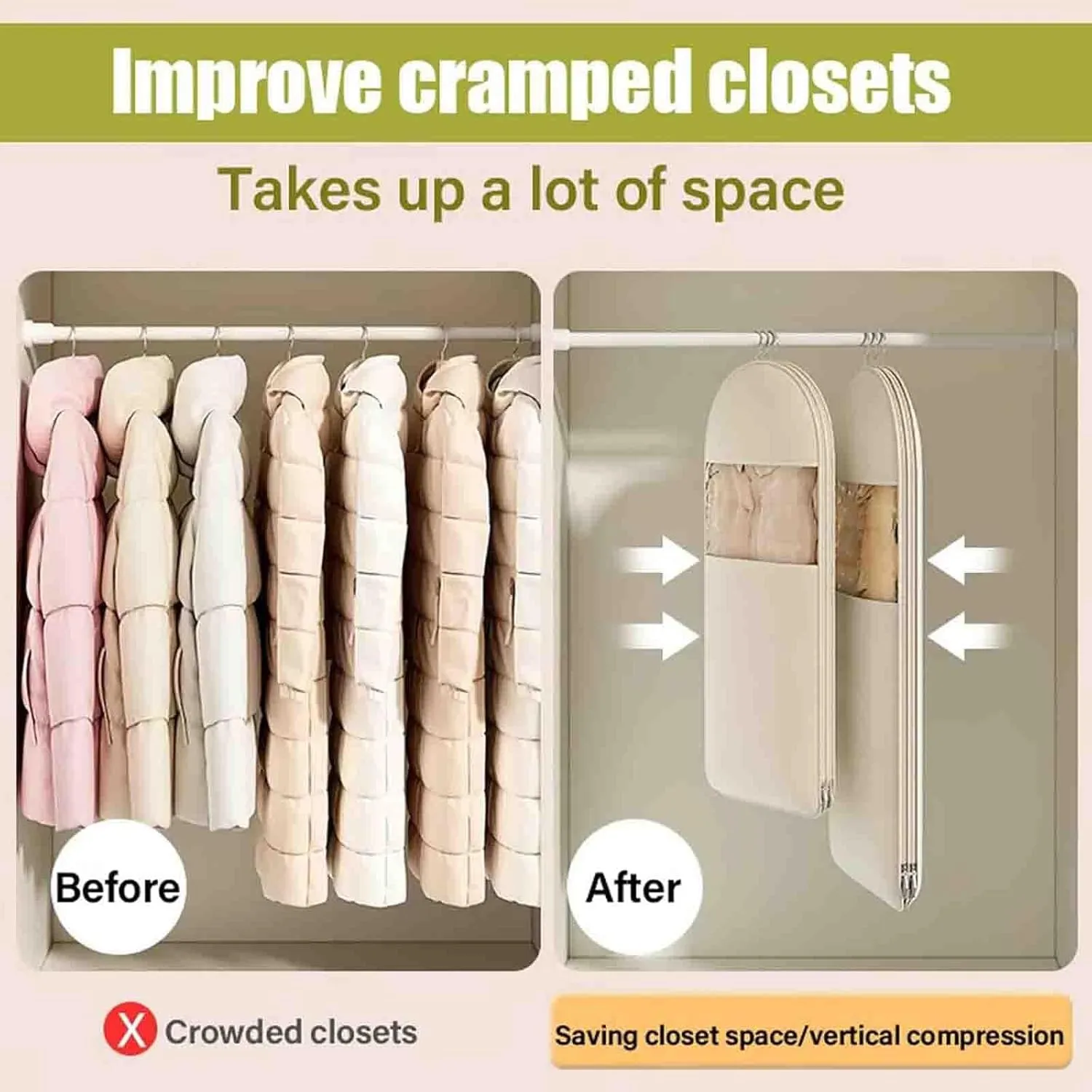 Space Saving Hanging Garment Bag with Self Compression Zipper, Protects Your Clothes from Wrinkles, Dust, Pet Hair, And Moisture, Can Compress Space (Beige, XL: 51.18 * 22.83 * 5.9in)