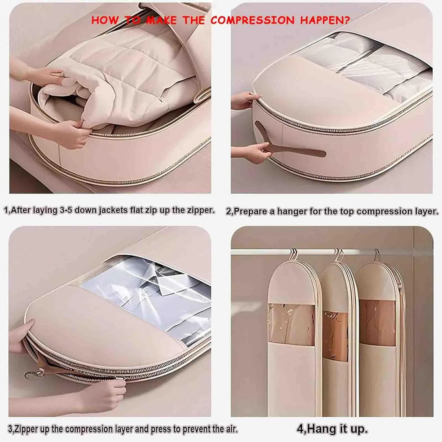 Space Saving Hanging Garment Bag with Self Compression Zipper, Protects Your Clothes from Wrinkles, Dust, Pet Hair, And Moisture, Can Compress Space (Beige, XL: 51.18 * 22.83 * 5.9in)