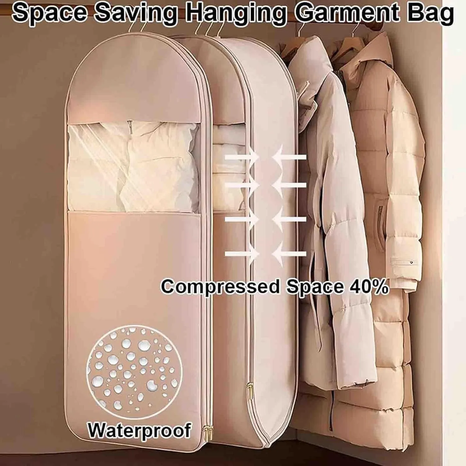 Space Saving Hanging Garment Bag with Self Compression Zipper, Protects Your Clothes from Wrinkles, Dust, Pet Hair, And Moisture, Can Compress Space (Beige, XL: 51.18 * 22.83 * 5.9in)