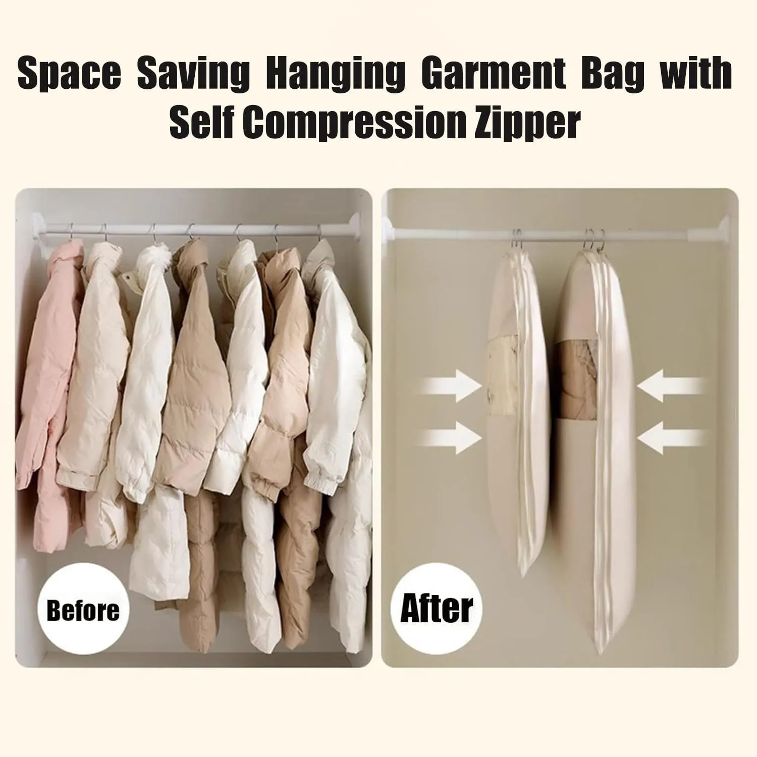Space Saving Hanging Garment Bag with Self Compression Zipper, Space Saver Closet Organizers, Space Saving Hanging Protector, Heavy Duty Garment Bag for down Coat, For Closet Storage,Beige,xl