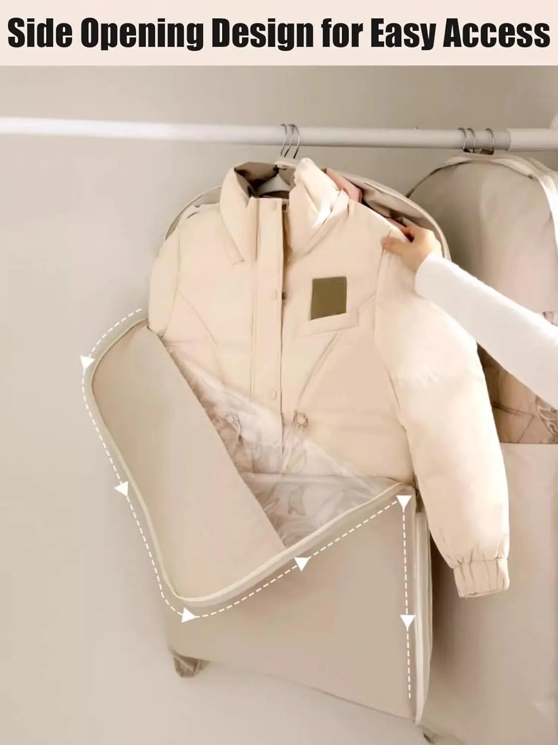 Space Saving Hanging Garment Bag with Self Compression Zipper, Space Saver Closet Organizers, Space Saving Hanging Protector, Heavy Duty Garment Bag for down Coat, For Closet Storage,Beige,xl