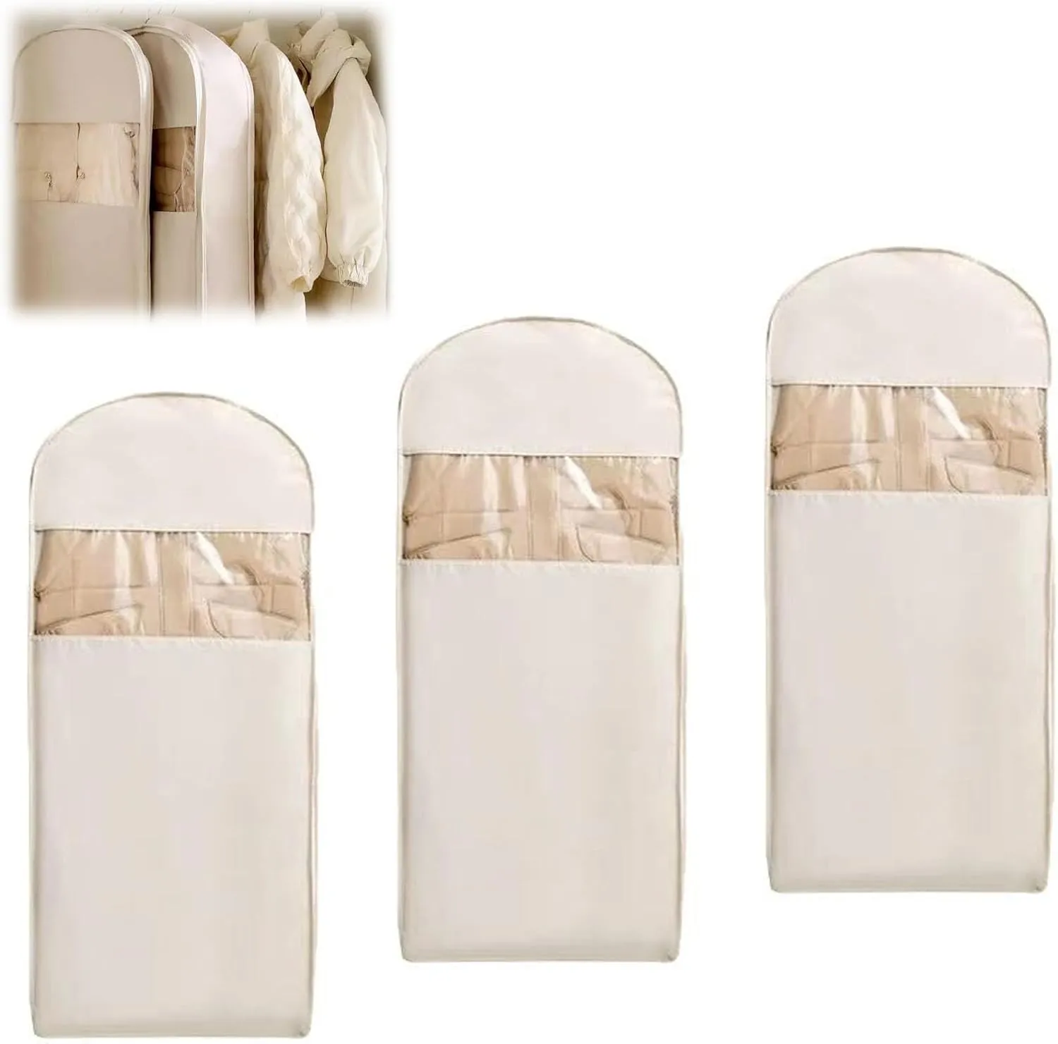 Space Saving Hanging Garment Bag with Self Compression Zipper, Space Saver Closet Organizers, Space Saving Hanging Protector, Heavy Duty Garment Bag for down Coat, For Closet Storage,Beige,xl