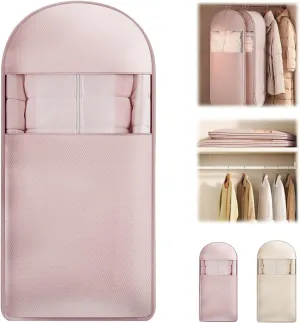 Space Saving Hanging Garment Bag with Self Compression Zipper,Clear Garment Bag for Hanging Clothes,Dust Cover Clothes Bags for Down Coat-Large, Space Saver Closet Organizers (Pink)