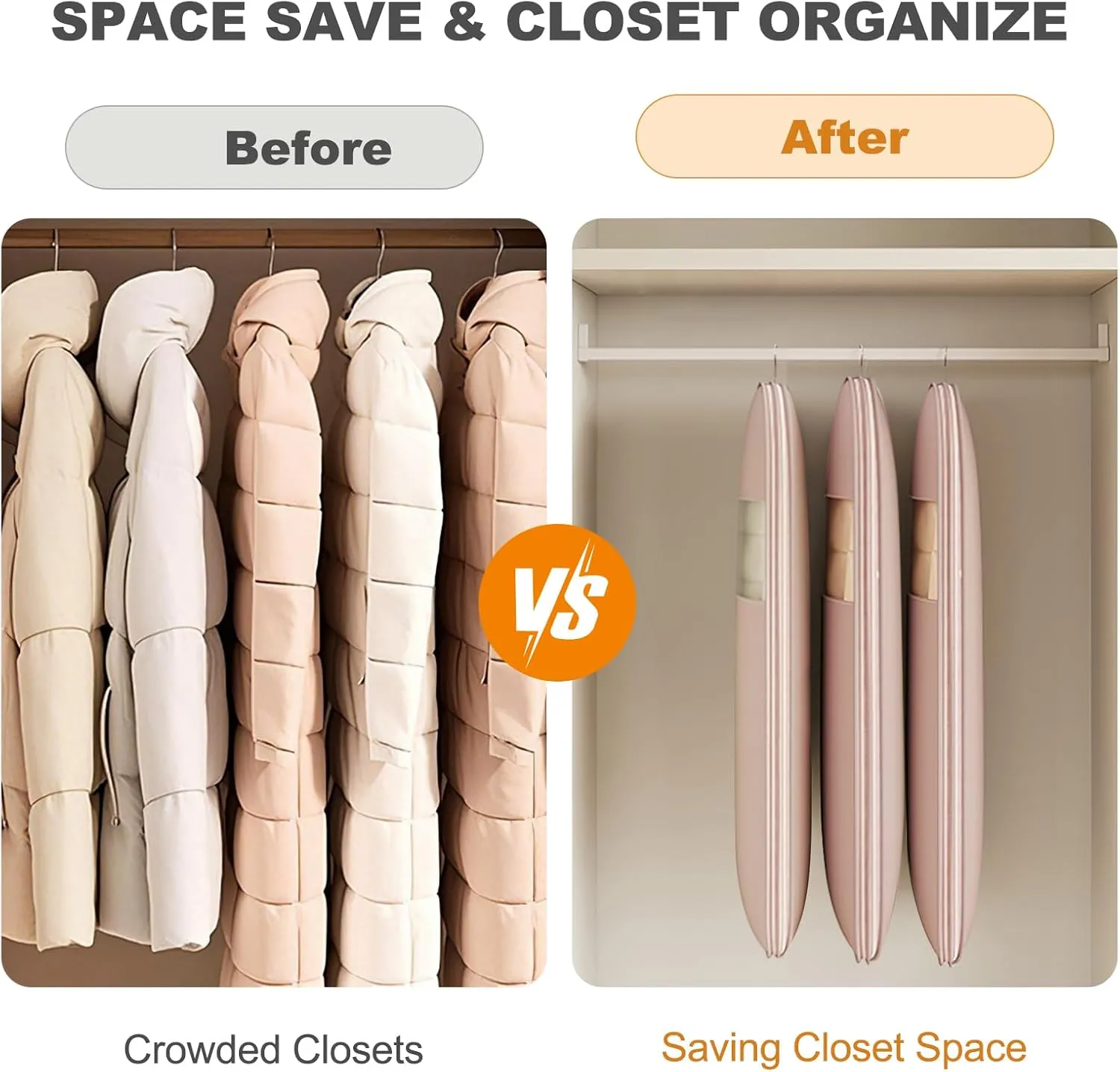 Space Saving Hanging Garment Bag with Self Compression Zipper,Clear Garment Bag for Hanging Clothes,Dust Cover Clothes Bags for Down Coat-Large, Space Saver Closet Organizers (Pink)