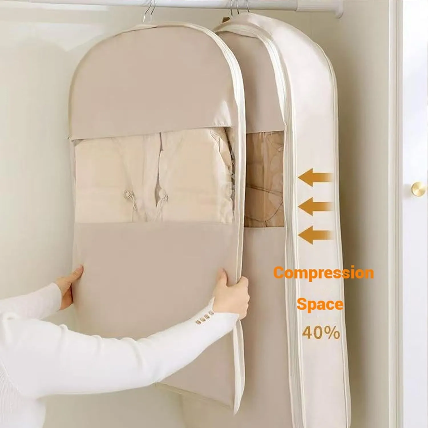 Space Saving Hanging Garment Bag With Self Compression Zipper,Dust Cover Clothes Bags For Down Coat, Coat With Hanger Down Jacket Winter Coats Storage Pocket (Pink Small)