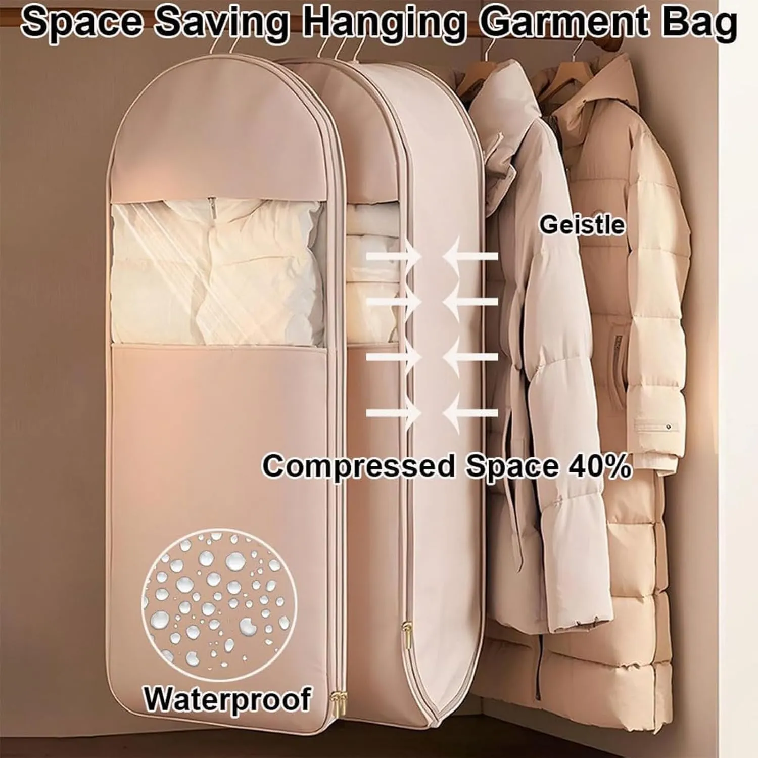 Space Saving Hanging Garment Bag With Self Compression Zipper,Dust Cover Clothes Bags For Down Coat, Coat With Hanger Down Jacket Winter Coats Storage Pocket (Pink Small)