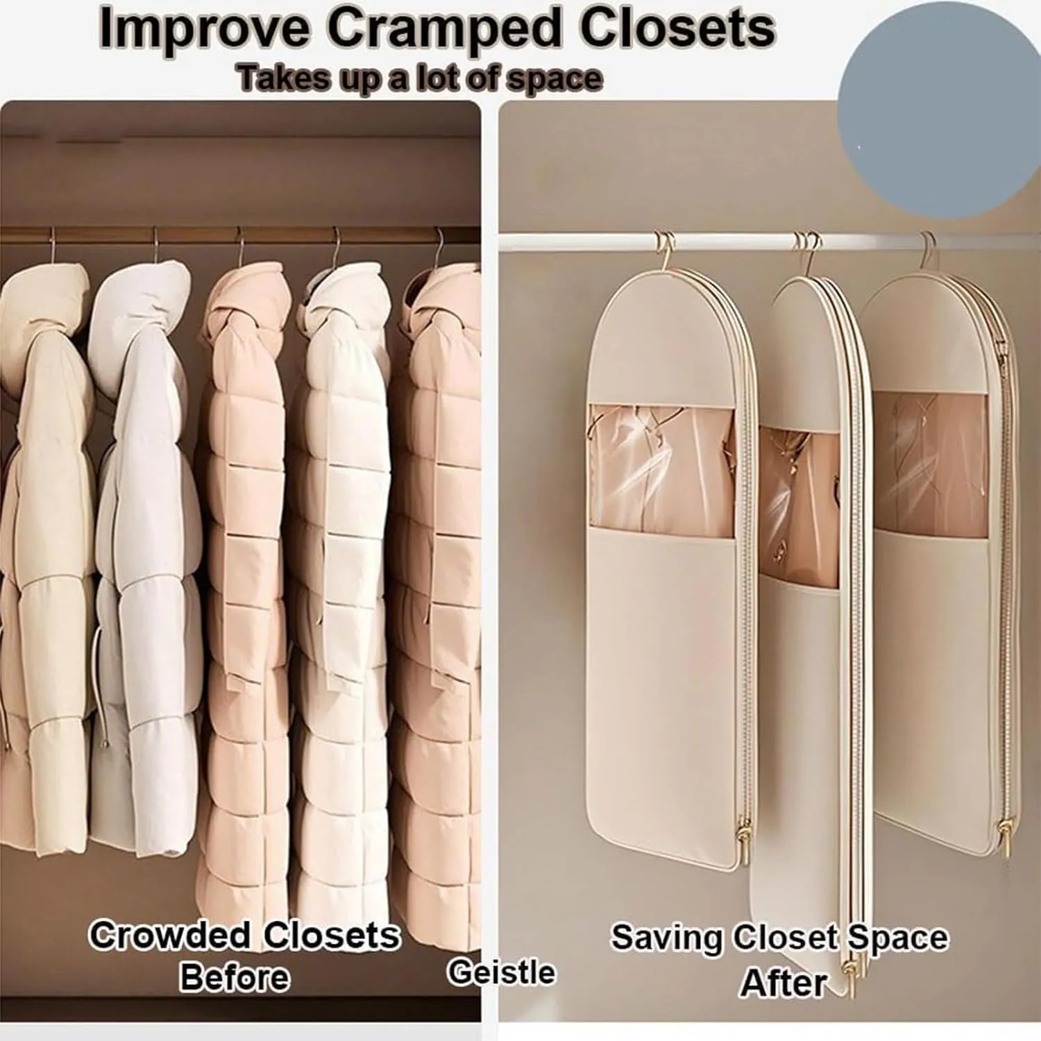 Space Saving Hanging Garment Bag With Self Compression Zipper,Dust Cover Clothes Bags For Down Coat, Coat With Hanger Down Jacket Winter Coats Storage Pocket (Pink Small)