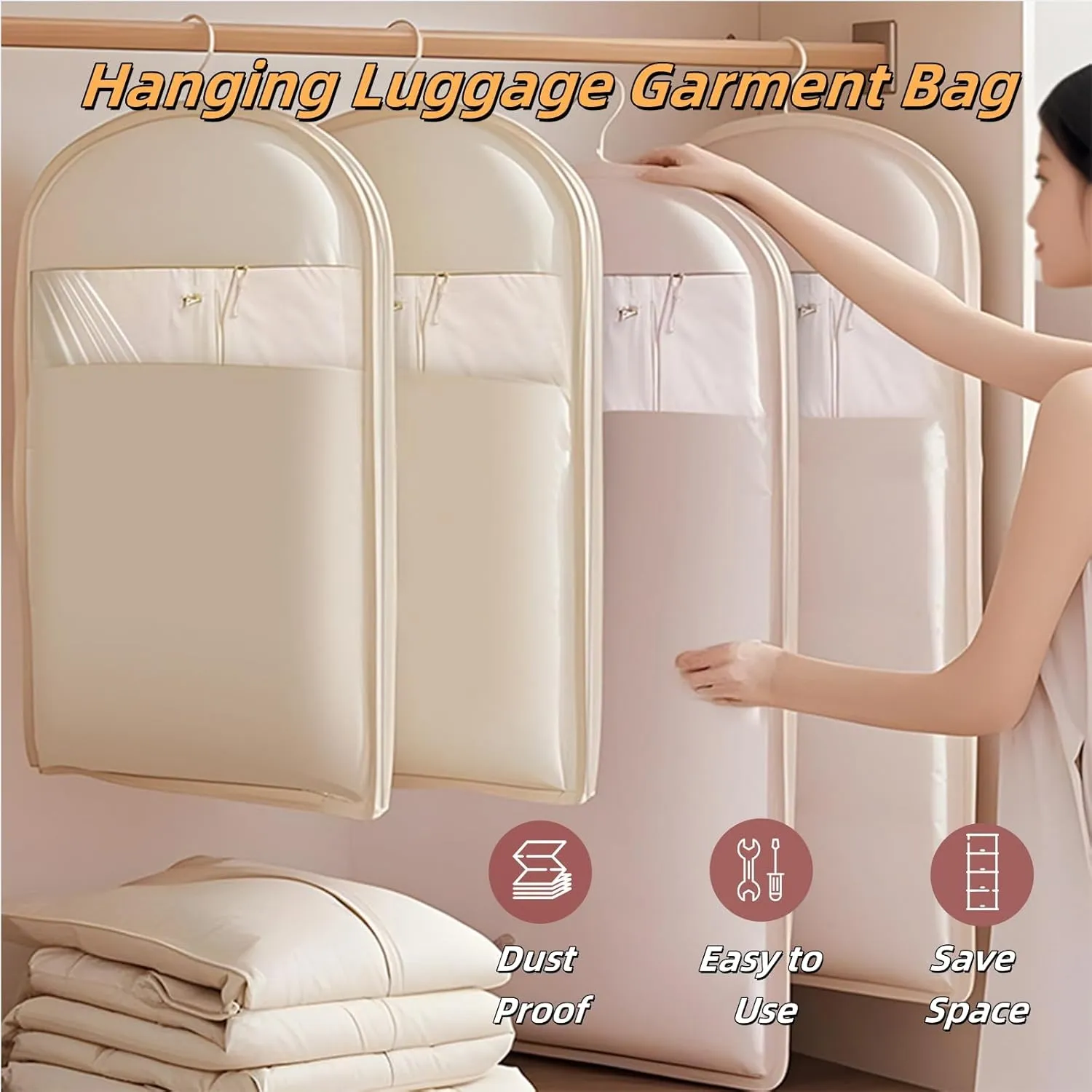 Space Saving Hanging Garment Bag with Self Compression Zipper,Hanging Luggage Garment Bag,Dust and Moisture Proof,Suitable for Storing Down Jackets, Coats and Other Seasonal Clothes (Beige, X-Large)