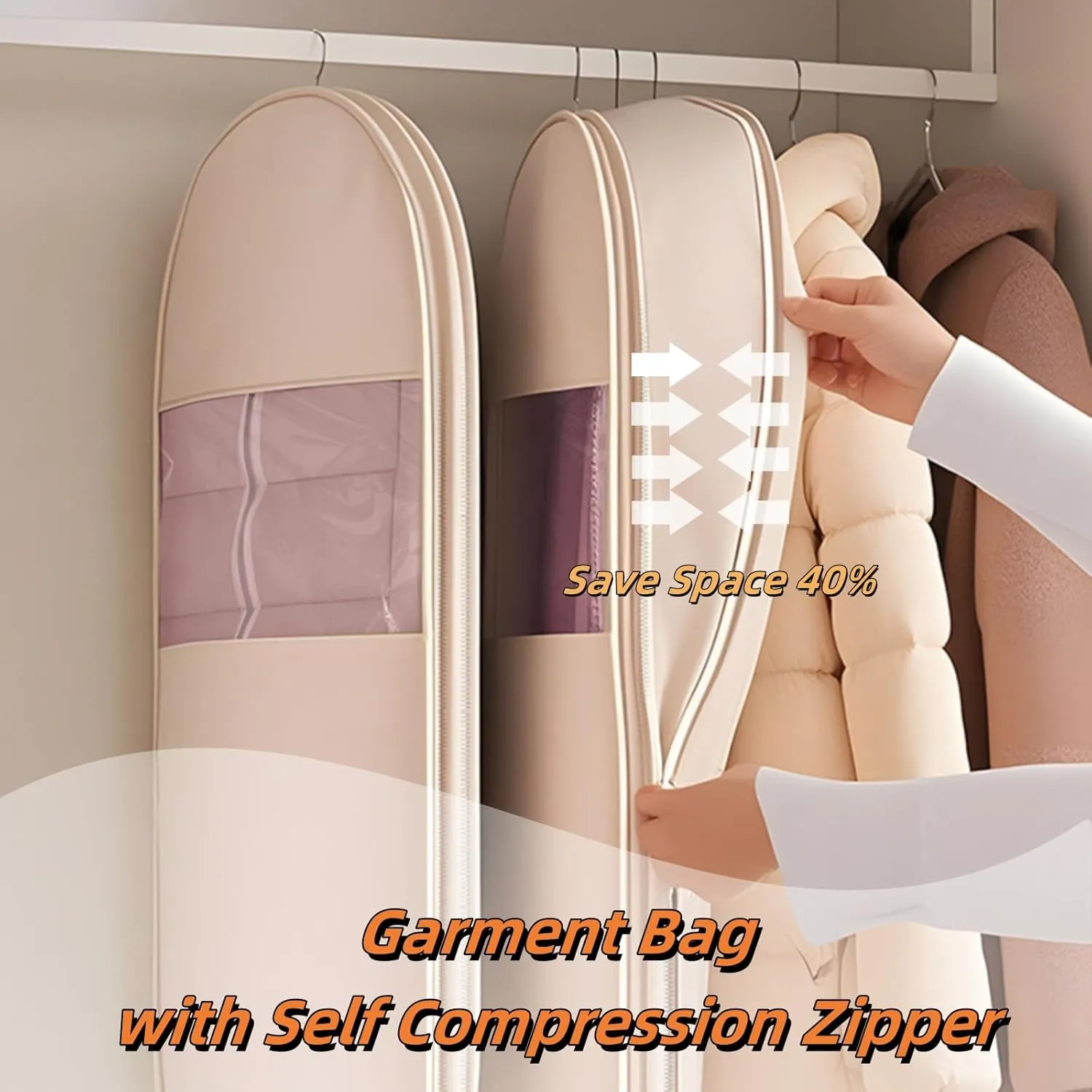 Space Saving Hanging Garment Bag with Self Compression Zipper,Hanging Luggage Garment Bag,Dust and Moisture Proof,Suitable for Storing Down Jackets, Coats and Other Seasonal Clothes (Beige, X-Large)