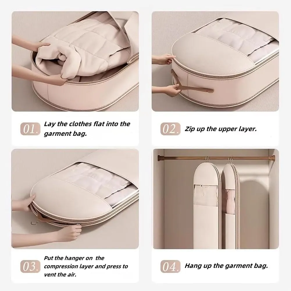 Space Saving Hanging Garment Bag with Self Compression Zipper,Hanging Luggage Garment Bag,Dust and Moisture Proof,Suitable for Storing Down Jackets, Coats and Other Seasonal Clothes (Beige, X-Large)