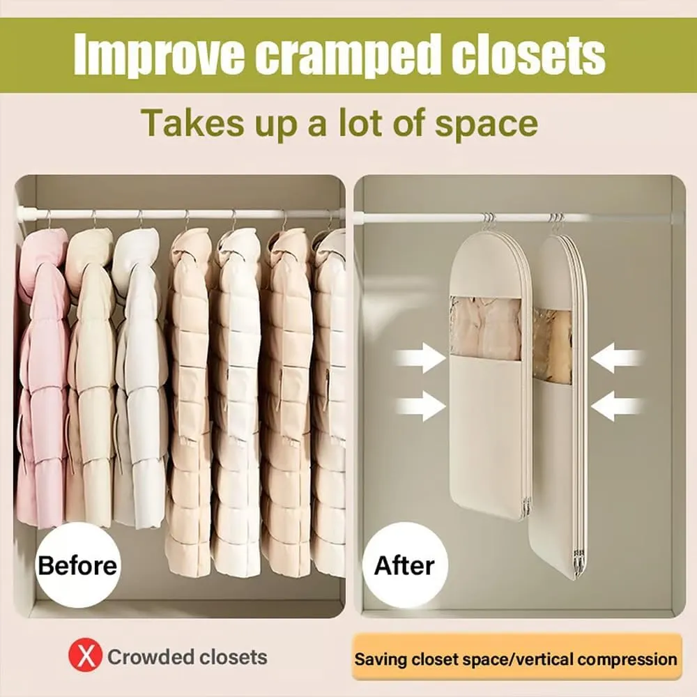 Space Saving Hanging Garment Bag with Self Compression Zipper,Space Saver Closet Organizers,Dust Cover Clothes Bags for Down Coat (Beige_S)
