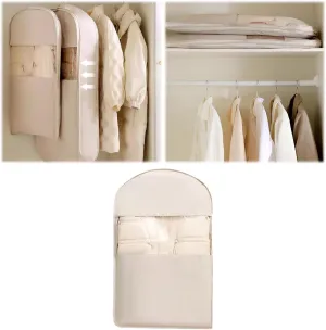 Space Saving Hanging Garment Bag with Self Compression Zipper,Space Saver Closet Organizers,Dust Cover Clothes Bags for Down Coat (Beige_S)