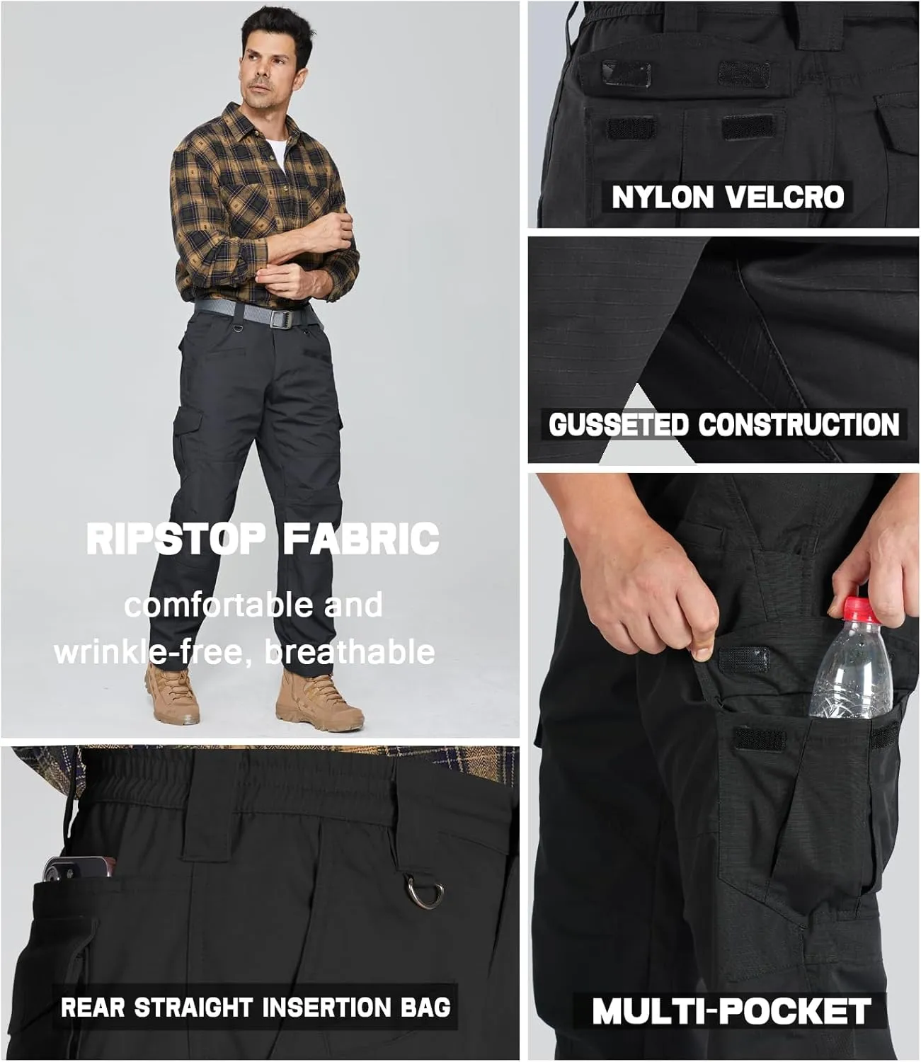 SPOSULEI Mens Tactical Pants Ripstop Cargo Work Pants with 9 Pockets Water Resistant Breathable Hiking Construction Pants