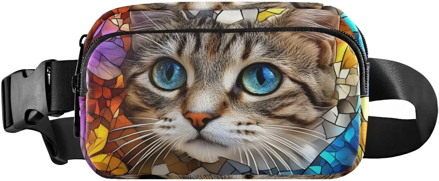 Stained Glass Cat Fanny Pack Water Resistant, Women Men Waist Pack Sling Bag Purse for Travel Hiking