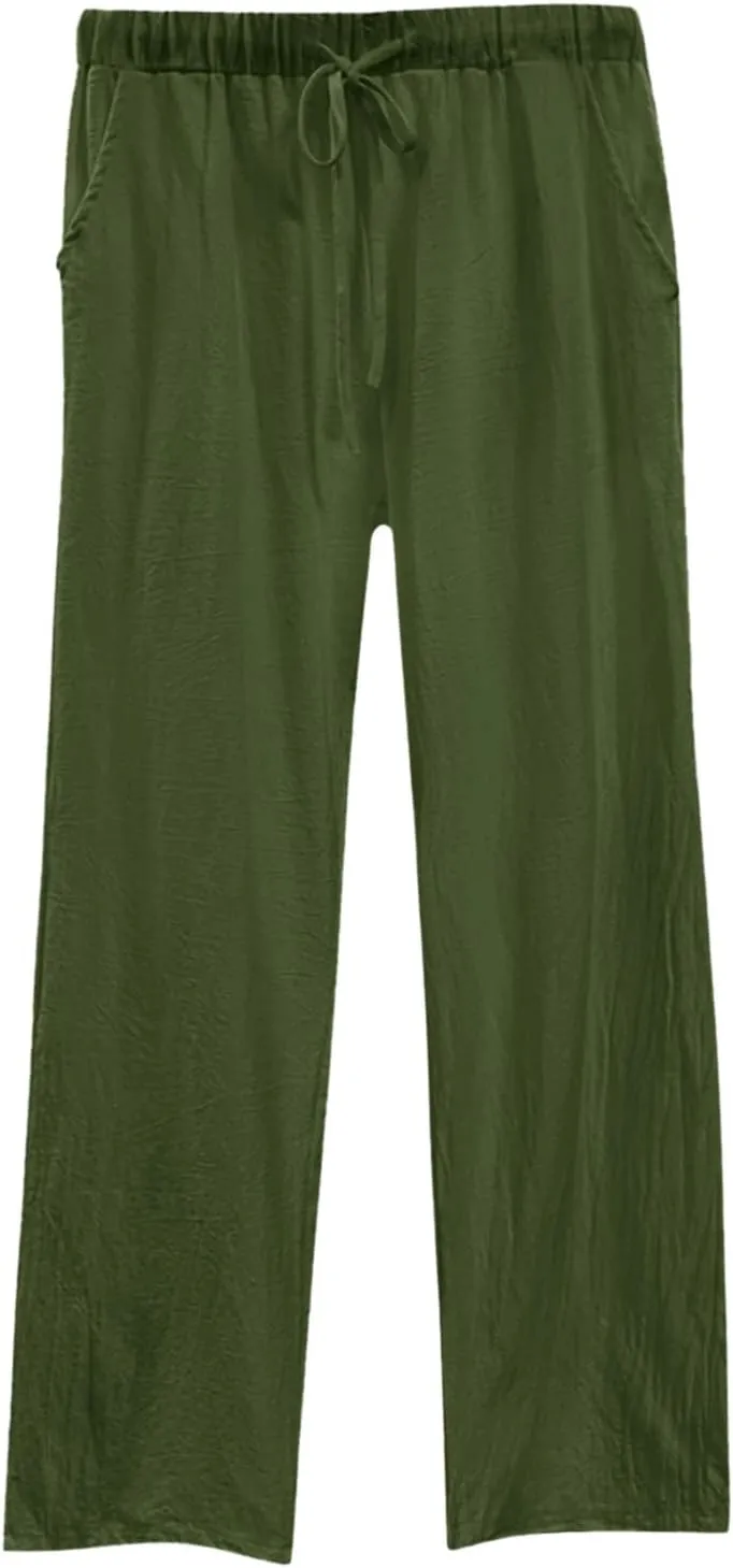 Summer Casual Trousers Pants for Women Flowy Straight Leg Cotton Linen Pants with Pockets Loose Fit Fashion Outfits