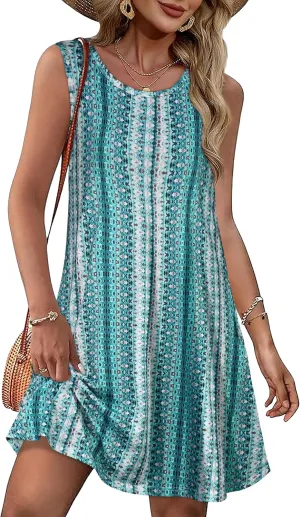 Summer Dresses for Women Beach Boho Sleeveless Vintage Floral Flowy Pocket Tshirt Tank Sundresses