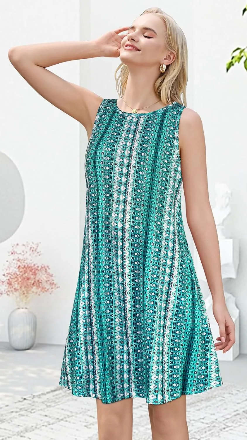 Summer Dresses for Women Beach Boho Sleeveless Vintage Floral Flowy Pocket Tshirt Tank Sundresses