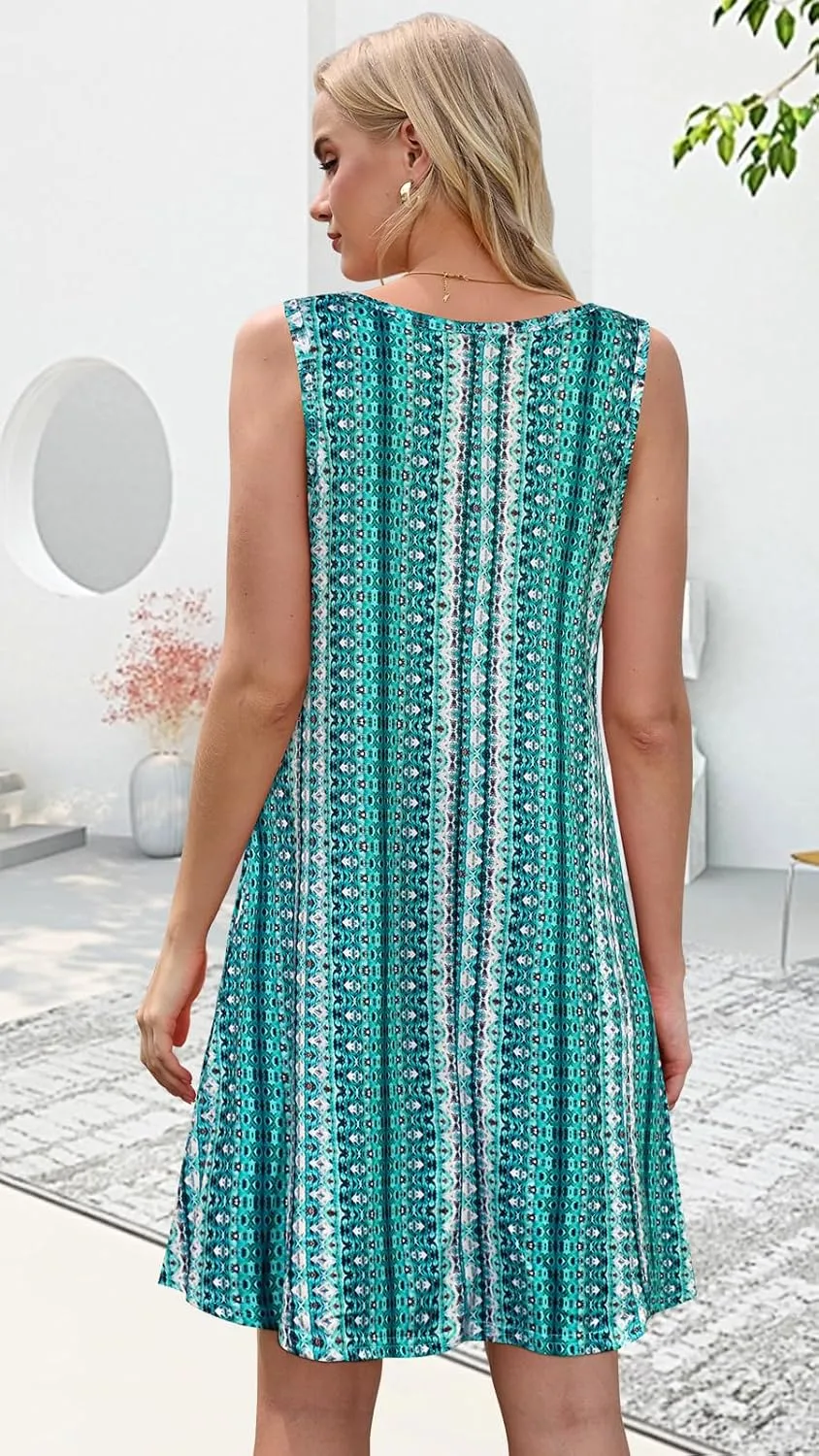 Summer Dresses for Women Beach Boho Sleeveless Vintage Floral Flowy Pocket Tshirt Tank Sundresses