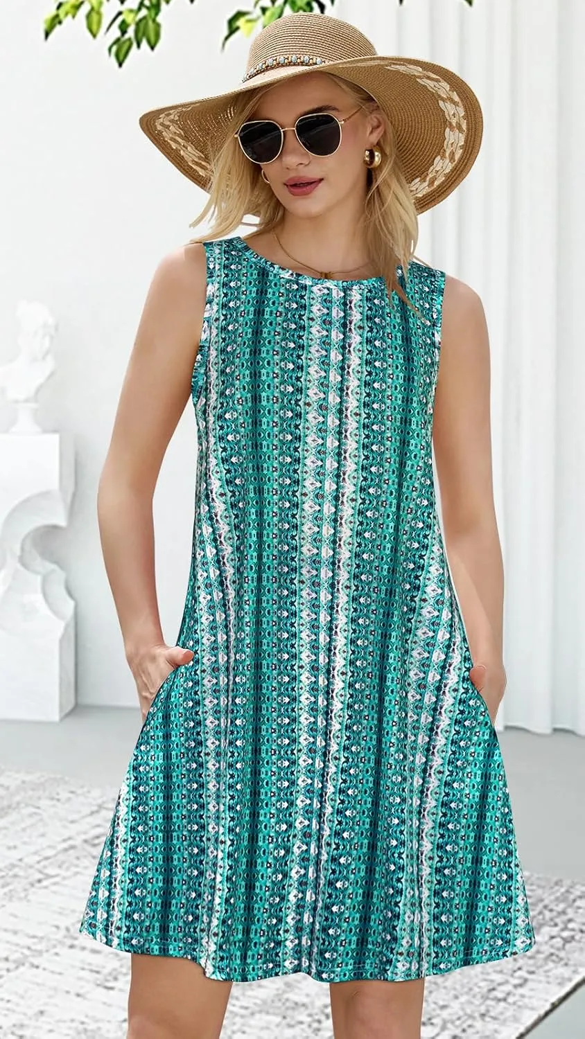 Summer Dresses for Women Beach Boho Sleeveless Vintage Floral Flowy Pocket Tshirt Tank Sundresses