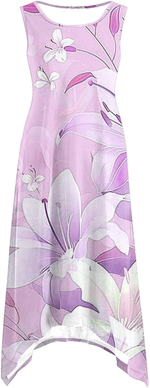 Summer Dresses for Women Casual Sleeveless Sundress Floral Printed Loose Fit Beach Cover Up for Daily Wear