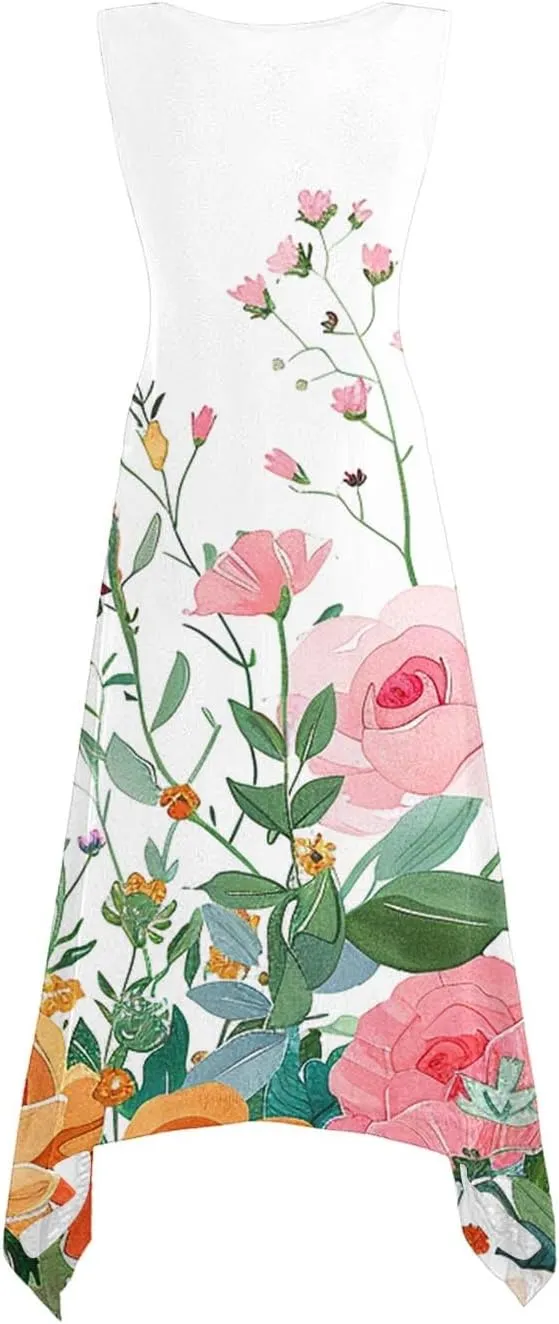 Summer Dresses for Women Casual Sleeveless Sundress Floral Printed Loose Fit Beach Cover Up for Daily Wear