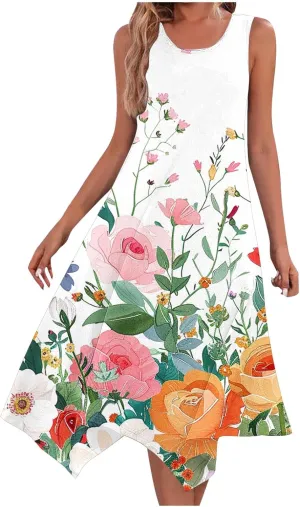 Summer Dresses for Women Casual Sleeveless Sundress Floral Printed Loose Fit Beach Cover Up for Daily Wear