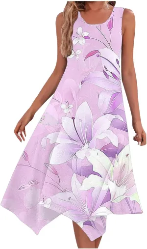 Summer Dresses for Women Casual Sleeveless Sundress Floral Printed Loose Fit Beach Cover Up for Daily Wear