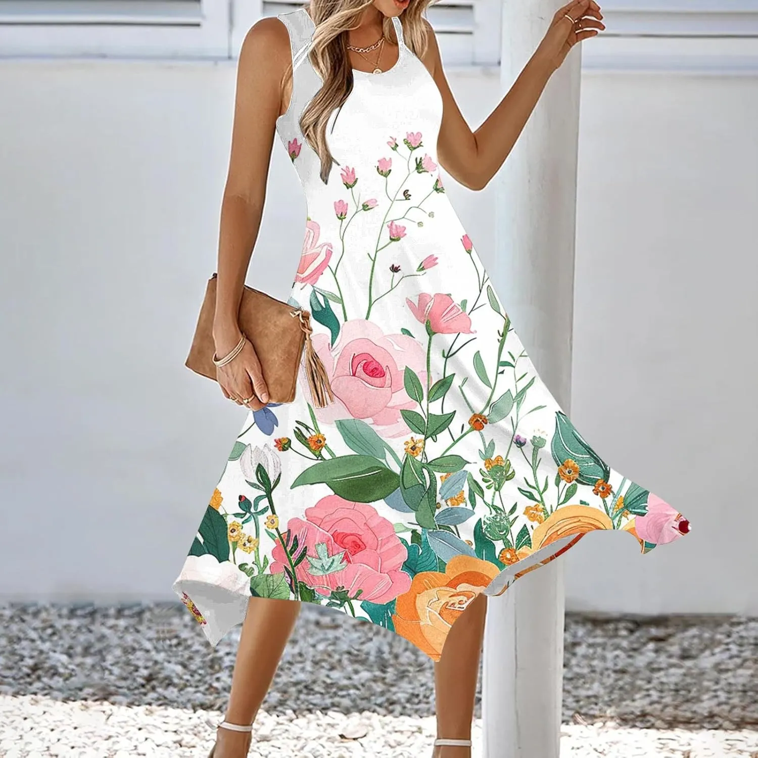 Summer Dresses for Women Casual Sleeveless Sundress Floral Printed Loose Fit Beach Cover Up for Daily Wear