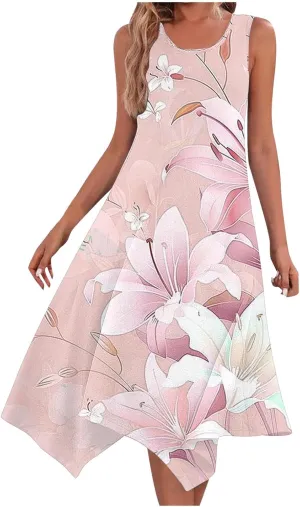 Summer Dresses for Women Casual Sleeveless Sundress Floral Printed Loose Fit Beach Cover Up for Daily Wear