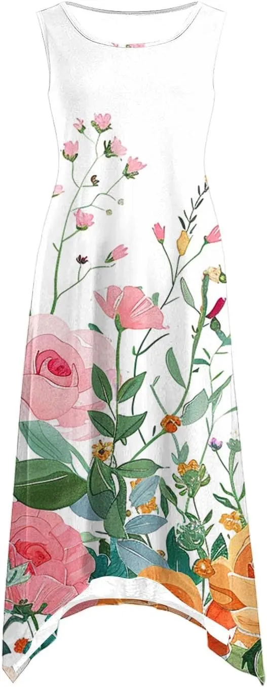 Summer Dresses for Women Casual Sleeveless Sundress Floral Printed Loose Fit Beach Cover Up for Daily Wear