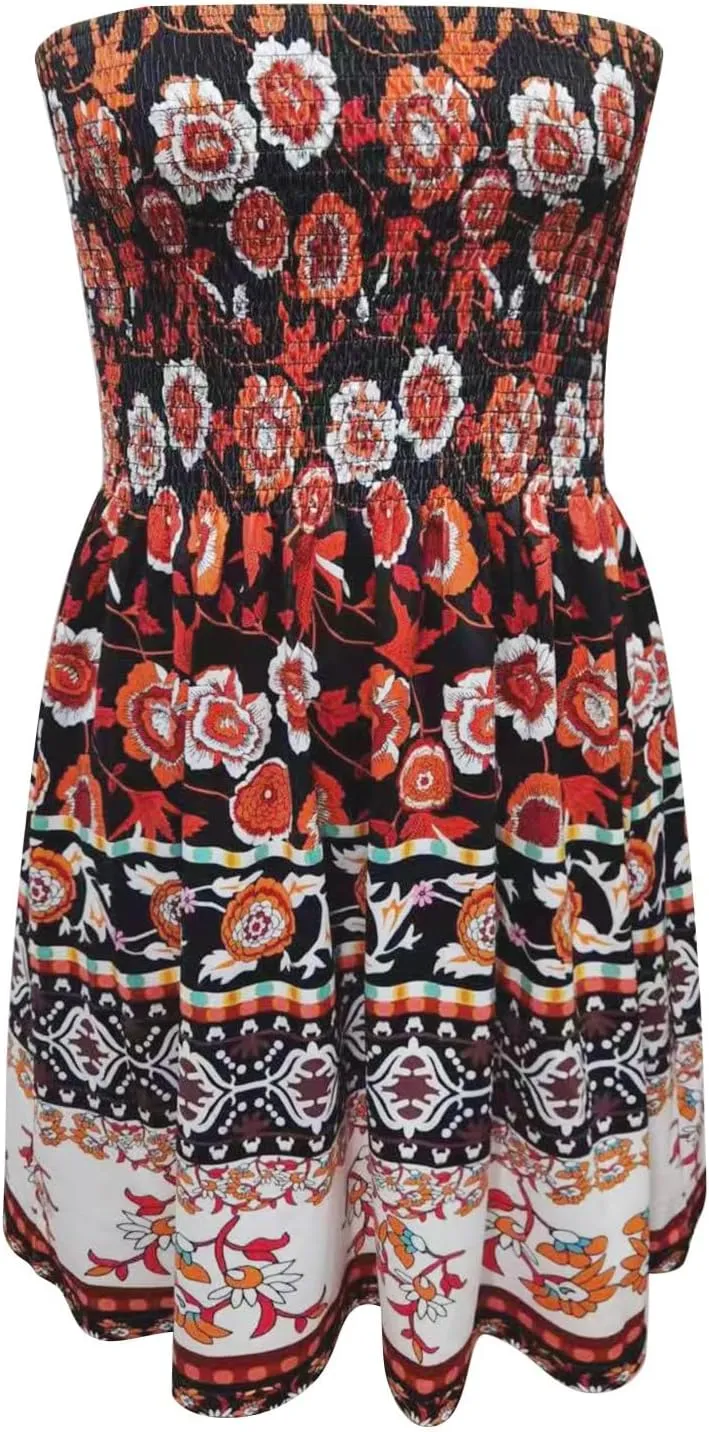 Summer Dresses for Women Strapless Sexy Casual Beach Vacation Dress Cover Ups Tube Top Boho Floral Print Sundress