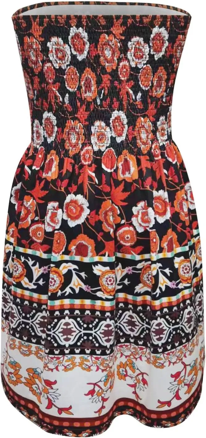 Summer Dresses for Women Strapless Sexy Casual Beach Vacation Dress Cover Ups Tube Top Boho Floral Print Sundress